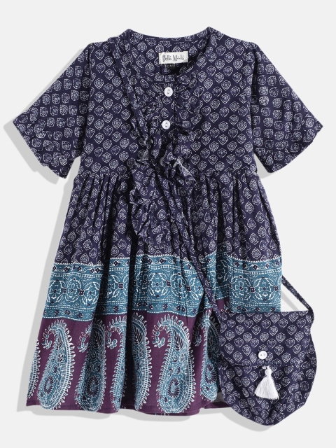 

Bella Moda Navy Blue & Purple Ethnic Motifs Cotton A-Line Dress Comes with Bag