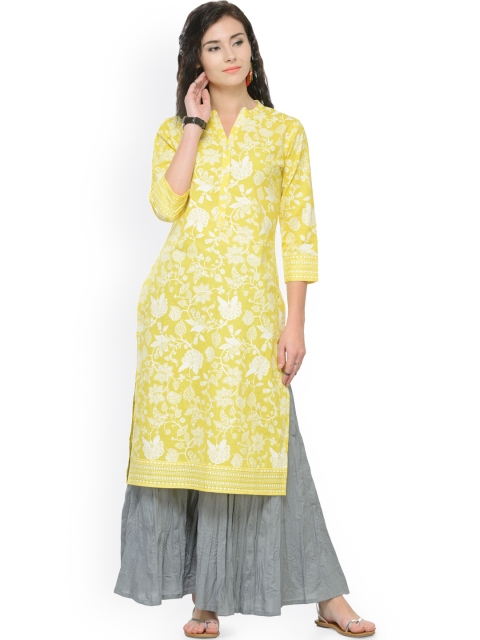 

Varanga Women Yellow & White Floral Print Straight Kurta