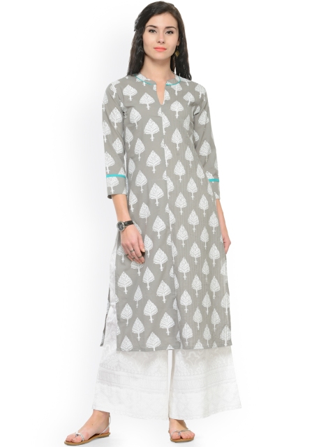 

Varanga Women Grey & White Printed Straight Kurta