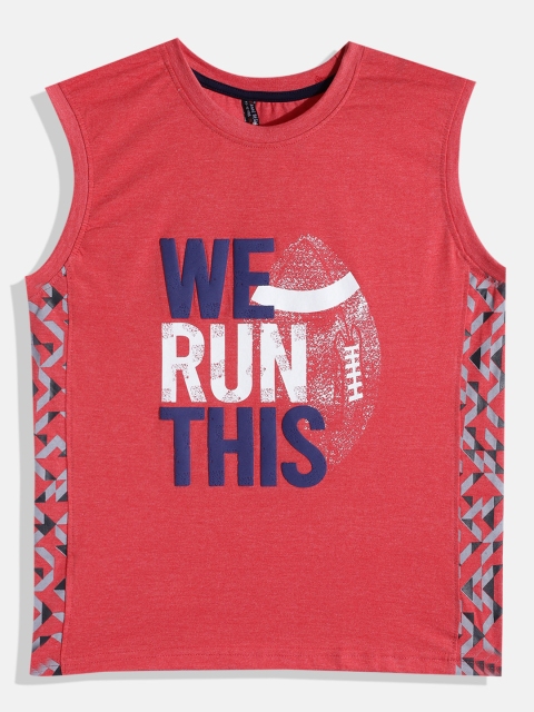 

GAME BEGINS Boys Coral Red & Navy Blue Typography Printed Cotton T-shirt