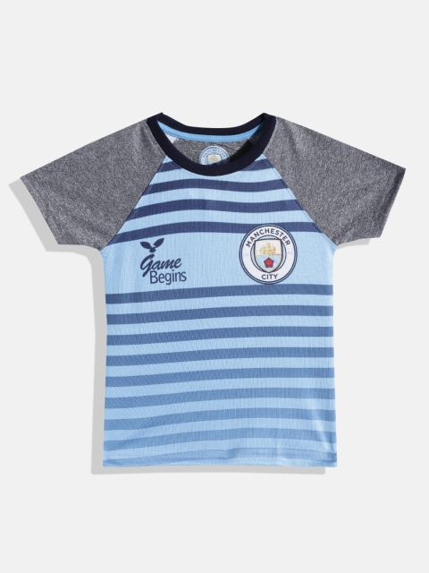 

GAME BEGINS Boys Blue & Grey Melange Striped Brand Logo Detail T-shirt