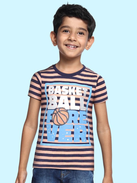 

GAME BEGINS Boys Peach-Coloured & Navy Blue Striped Typography Print T-shirt