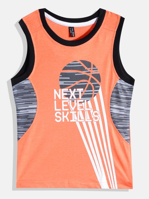 

GAME BEGINS Boys Coral Orange & Charcoal Grey Printed Cotton T-shirt