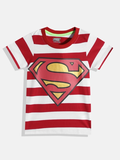 

GAME BEGINS Boys Red & White Superman Logo Printed & Striped Cotton T-shirt