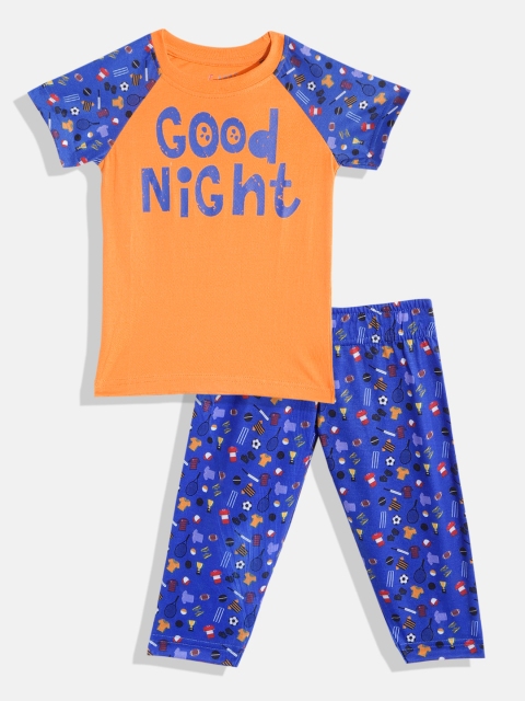 

GAME BEGINS Boys Orange & Blue Printed Cotton T-shirt with Trousers