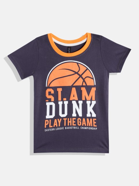 

GAME BEGINS Boys Charcoal Grey & Coral Orange Printed T-shirt