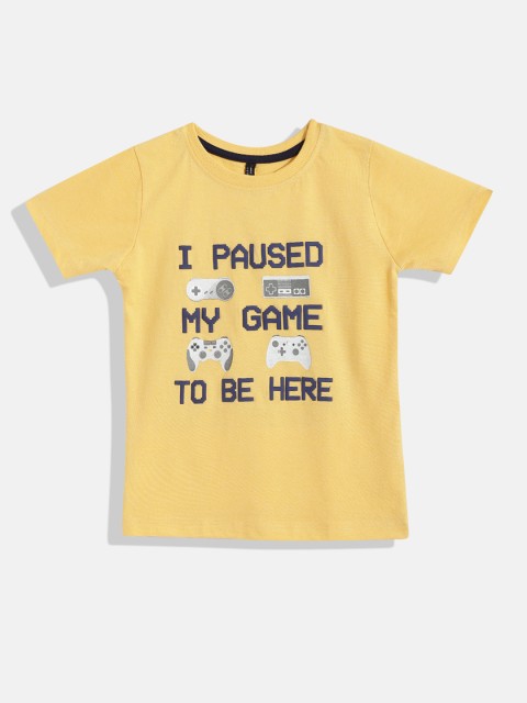 

GAME BEGINS Boys Yellow & Navy Blue Typography Printed Cotton T-shirt