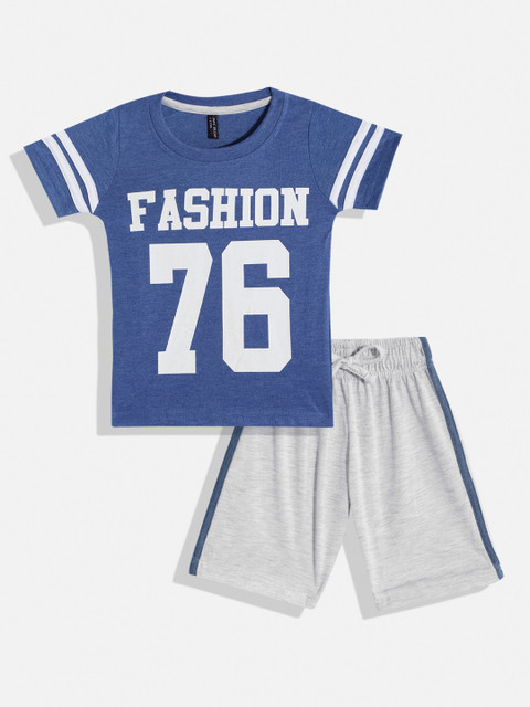 

GAME BEGINS Boys Blue & Grey Melange Printed Cotton T-shirt with Shorts