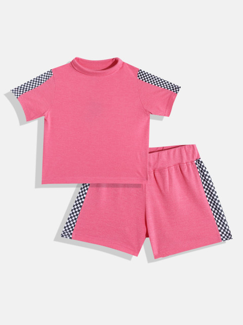 

GAME BEGINS Girls Pink & Black Solid Cotton T-shirt & Shorts