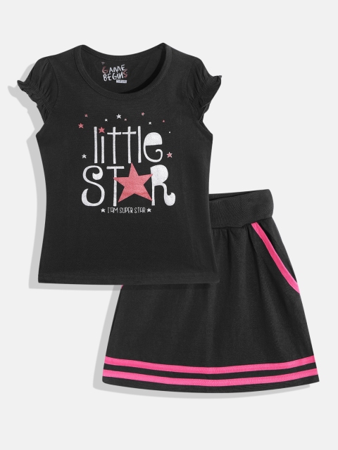 

GAME BEGINS Girls Black & Silver Typography Print Cotton Top with Skirt
