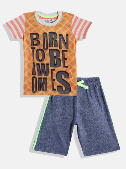 

GAME BEGINS Boys Orange & Blue Printed Cotton T-shirt with Shorts