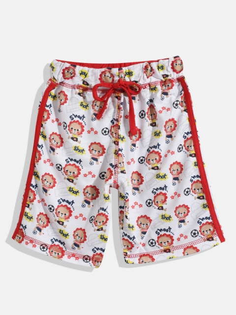 

GAME BEGINS Boys White & Red Conversational Printed Cotton Shorts with Side Taping