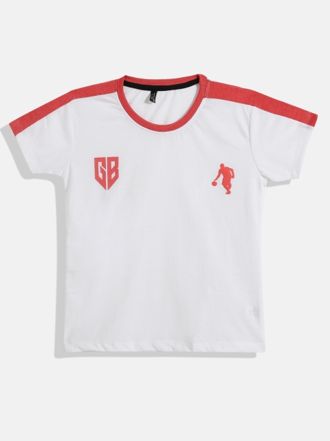 

GAME BEGINS Boys White & Peach-Coloured Brand Logo Print Detail Cotton T-shirt