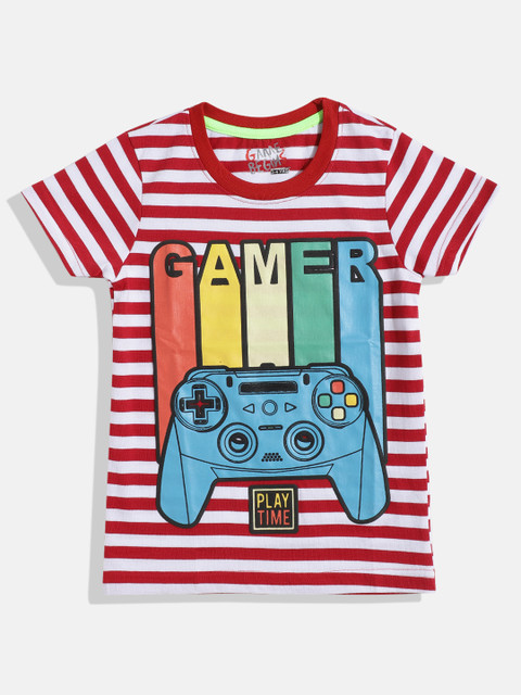 

GAME BEGINS Boys White & Red Striped & Printed T-shirt