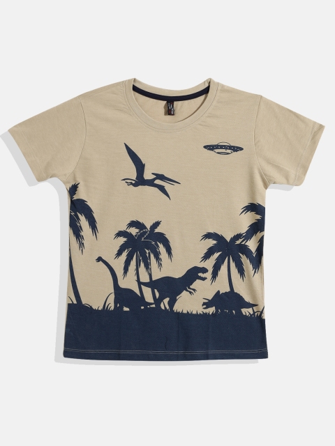 

GAME BEGINS Boys Beige & Navy Blue Dinosaur & Tropical Print Cotton T-shirt