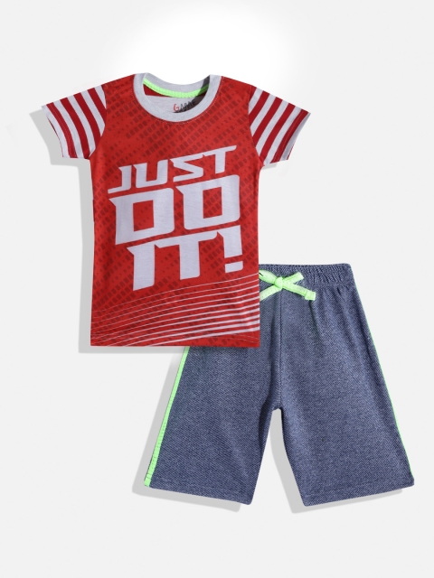 GAME BEGINS Boys Red & Navy Blue Typography Print T-shirt with Shorts