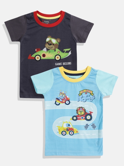 

GAME BEGINS Boys Pack of 2 Pure Cotton Graphic Print T-shirts, Grey