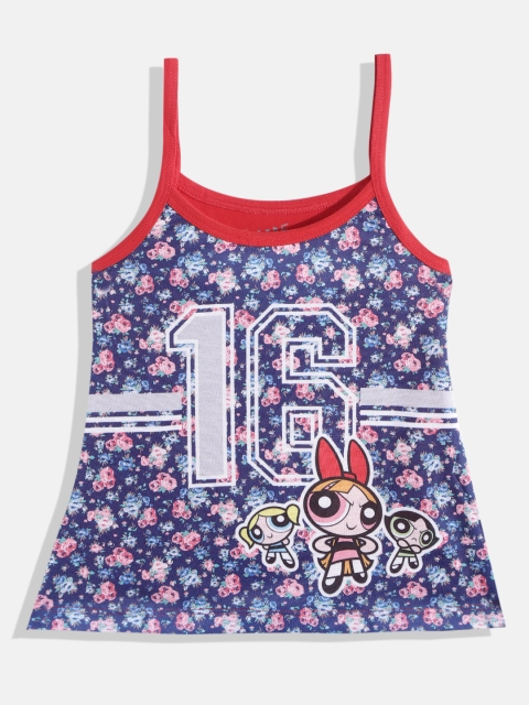 

GAME BEGINS Girls Navy Blue & Red Floral & PowerPuff Print A-Line Dress