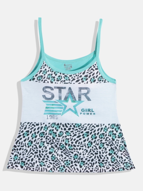 

GAME BEGINS Girls White & Sea Green Leopard Print A-Line Dress