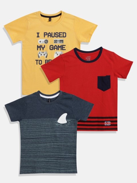

GAME BEGINS Boys Pack of 3 Pure Cotton Printed T-shirts, Yellow