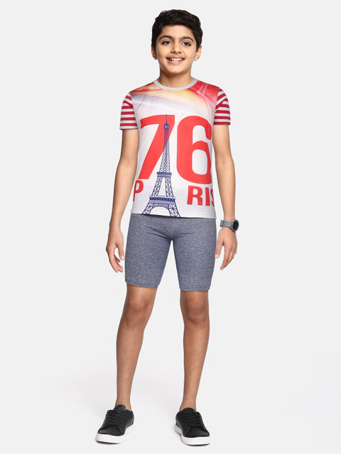 

GAME BEGINS Boys White & Navy Blue Printed T-shirt with Shorts