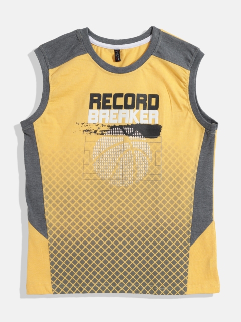 

GAME BEGINS Boys Yellow & Grey Pure Cotton Graphic Print Sleeveless T-shirt