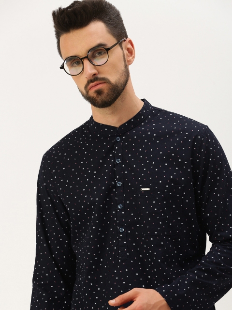 

Peter England Men Navy Blue & White Printed Pure Cotton Straight Kurta