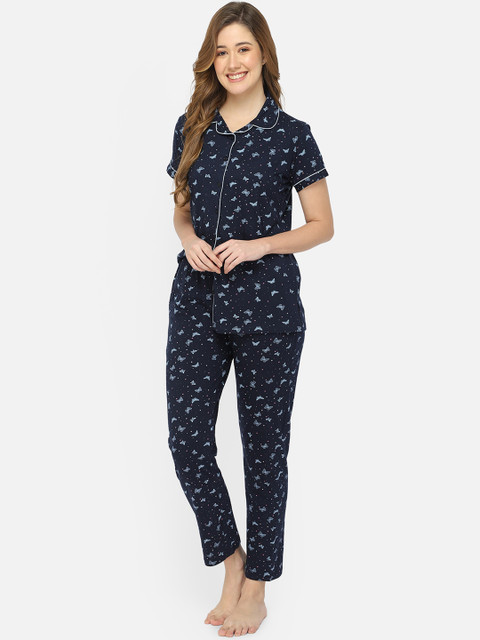 

Bell Paper Women Blue Printed Pure Cotton Night suit