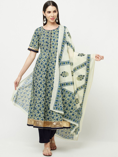 

Senyora Women Blue Printed High Slit Pure Cotton Kurti with Trousers & With Dupatta