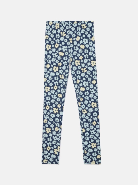 

YK Girls Blue Floral Print Ankle Length Cotton Leggings, Multi