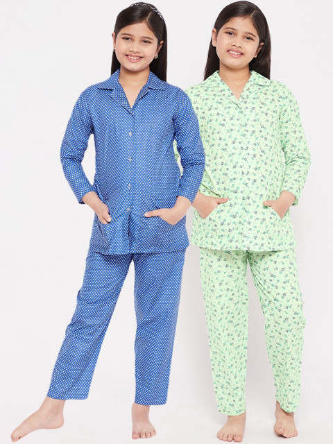 

KYDZI Girls Green & Blue Printed Night suit