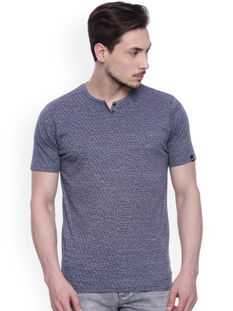 

Basics Men Blue Self-Design Muscle Fit Henley T-shirt