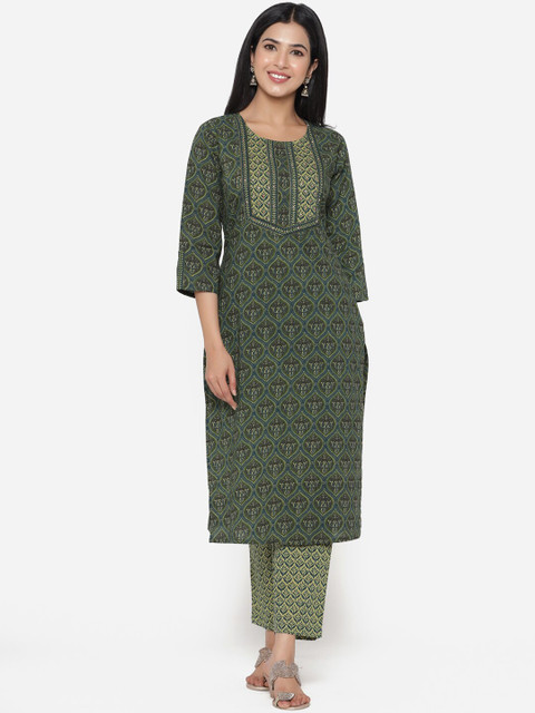 

ETHNIC STREET Women Olive Green Ethnic Motifs Printed Pure Cotton Kurta with Trousers