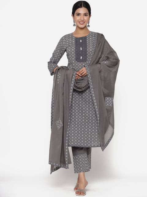 

ETHNIC STREET Women Grey Ethnic Motifs Pleated Pure Cotton Kurta with Trousers & With Dupatta