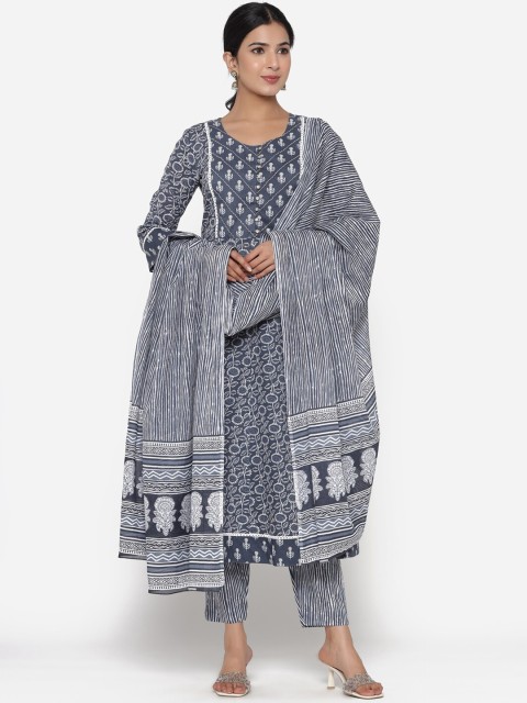

ETHNIC STREET Women Grey Ethnic Motifs Yoke Design Pure Cotton Kurti with Trousers & With Dupatta