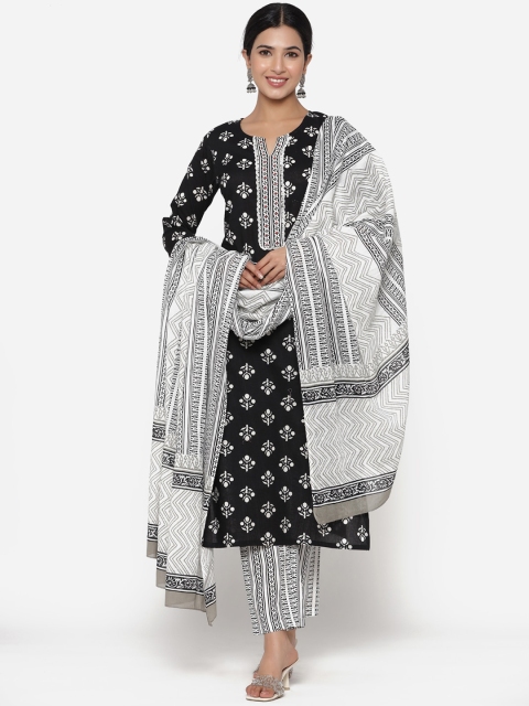 

ETHNIC STREET Women Black Printed Pure Cotton Kurti with Palazzos & With Dupatta