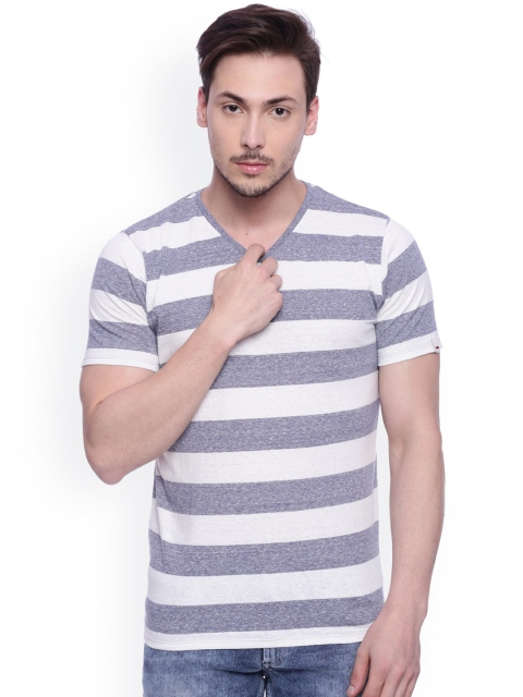 

Basics Men White Striped V-Neck Slim Fit T-shirt