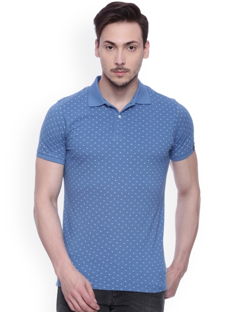 

Basics Men Blue Printed Muscle Slim Fit Polo Collar T-shirt