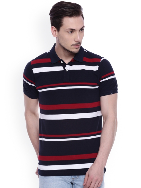 

Basics Men Navy Blue Striped Muscle Fit Polo T-shirt