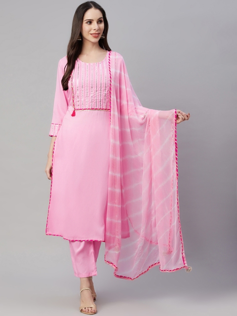 

AMIRAS INDIAN ETHNIC WEAR Women Pink Yoke Design Gotta Patti Kurta with Trousers & With Dupatta