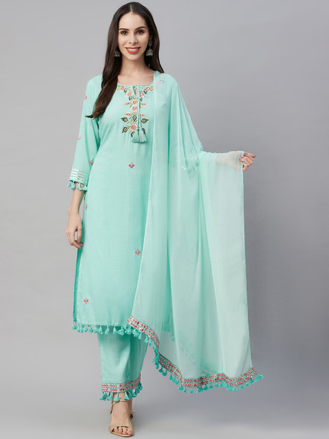 

AMIRAS INDIAN ETHNIC WEAR Women Sea Green Floral Yoke Design Kurta with Trousers & With Dupatta