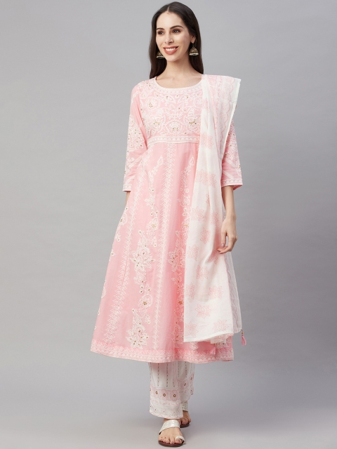 

AMIRAS INDIAN ETHNIC WEAR Women Pink Embroidered Cotton Kurta with Trousers & Dupatta