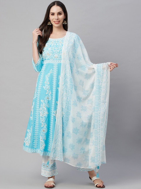 

AMIRAS INDIAN ETHNIC WEAR Women Turquoise Blue Ethnic Motifs Embroidered Pure Cotton Kurta with Trousers &