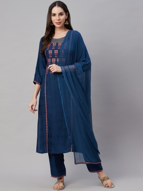 

AMIRAS INDIAN ETHNIC WEAR Women Navy Blue Yoke Design Cotton Kurta with Trousers & Dupatta