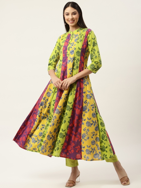 

FABNEST Women Lime Green Ethnic Motifs Printed Pure Cotton Kurta with Trousers