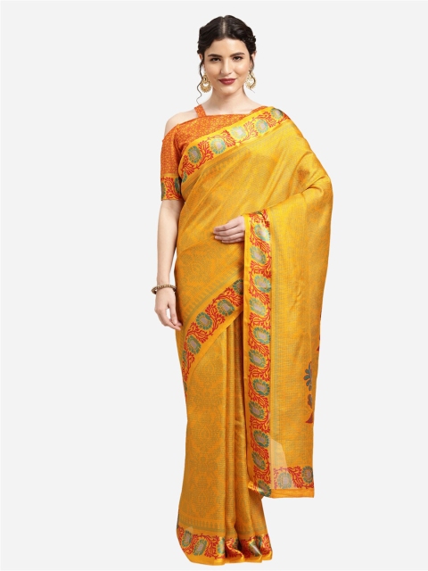 

Satrani Gold-Toned & Red Floral Silk Cotton Taant Saree