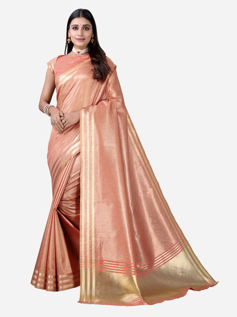 

Satrani Pink & Gold-Toned Solid Zari Saree