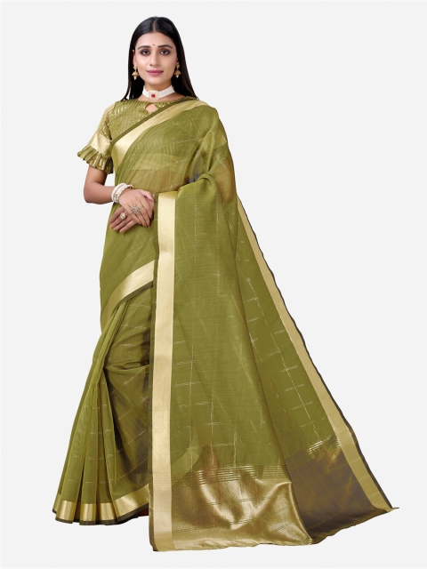 

Satrani Olive Green & Gold-Toned Checked Organza Saree