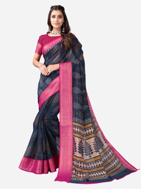 

Satrani Blue & Pink Ethnic Motifs Zari Saree