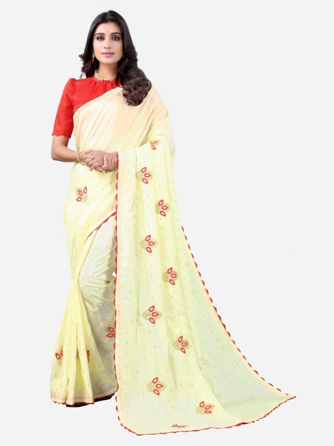 

Satrani Cream-Coloured & Red Embellished Sequinned Saree